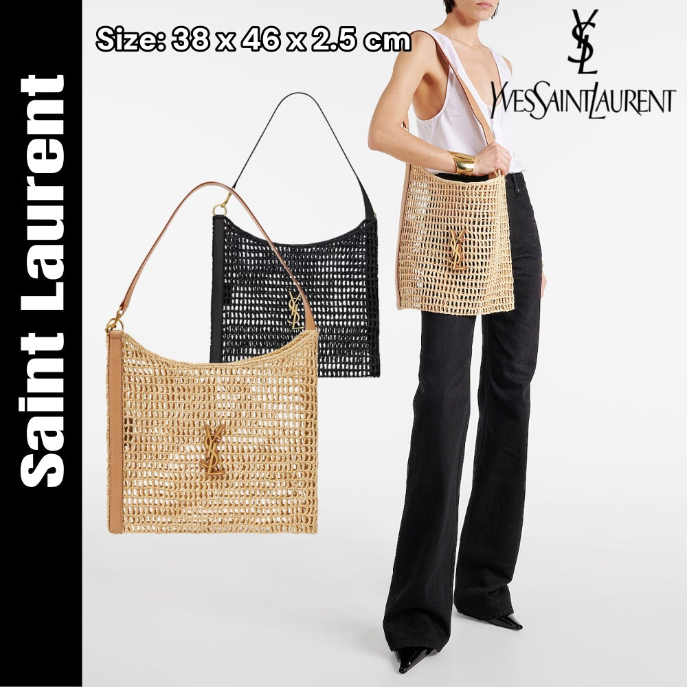 【サンローラン】パリ カサンドラ ラフィア×レザー ショルダーバッグ ベージュ